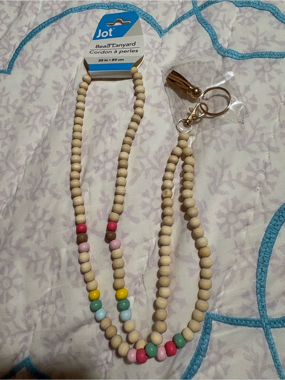 Jot Bead Lanyard with Pastel Accent Beads - Natural Wood